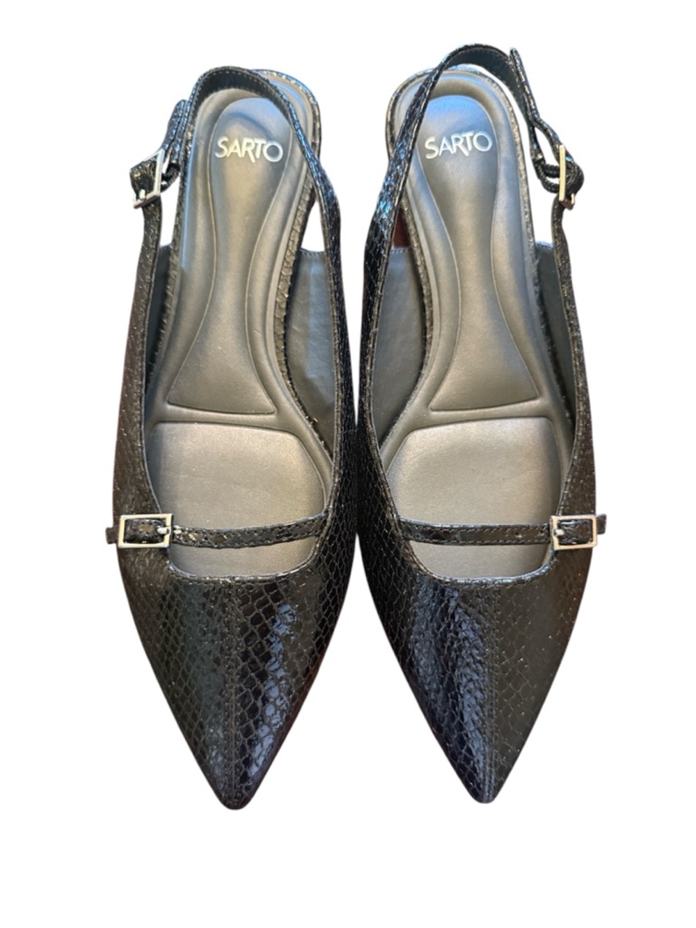 SARTO Nalin Black Snake Embossed Pointed Slingback Mary Jane Flat 8M New no box